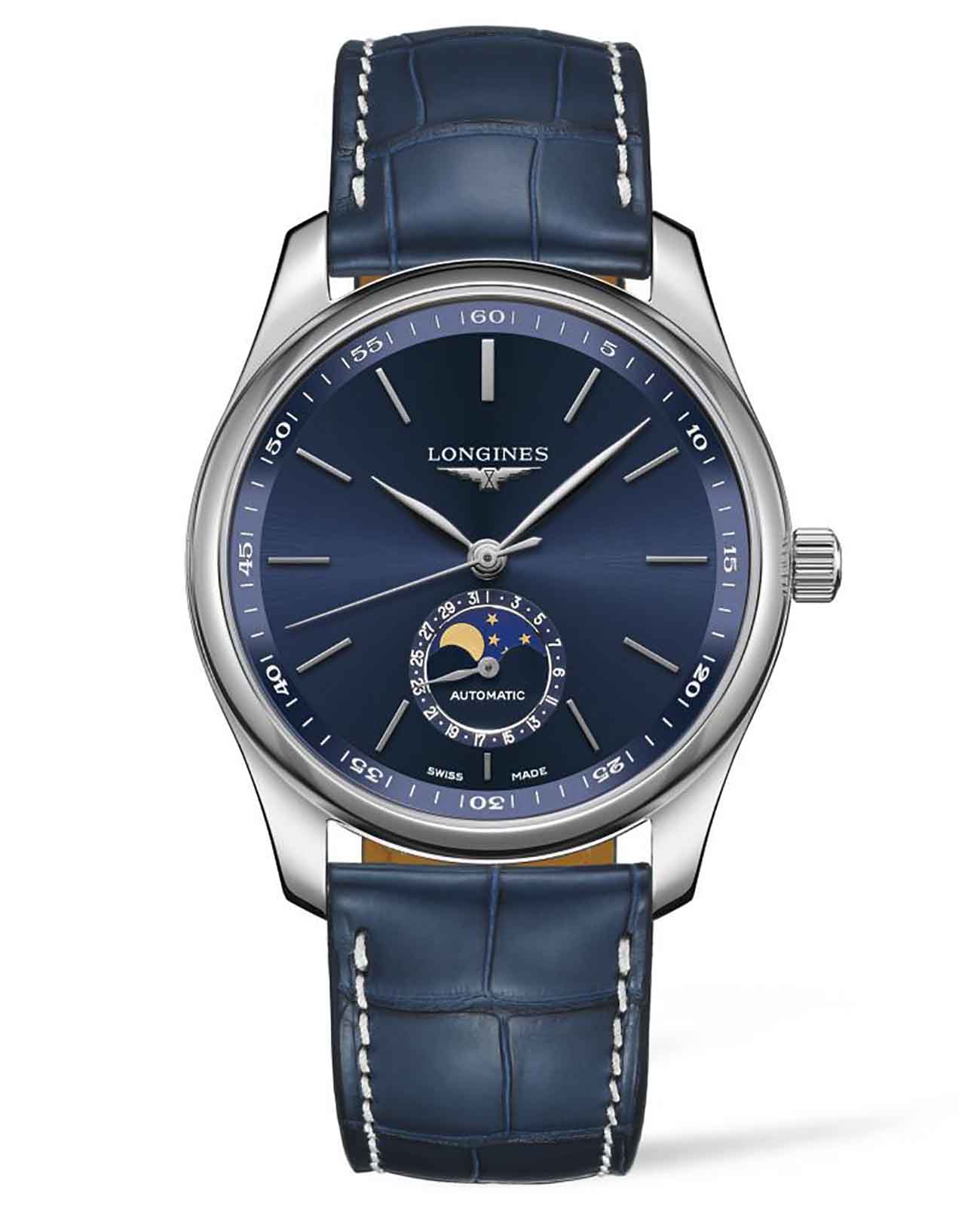 Longines Longines Master Collection L2.909.4.92.0  L29094920 механические мужские часы синий циферблат, браслет кожаный — вид спереди